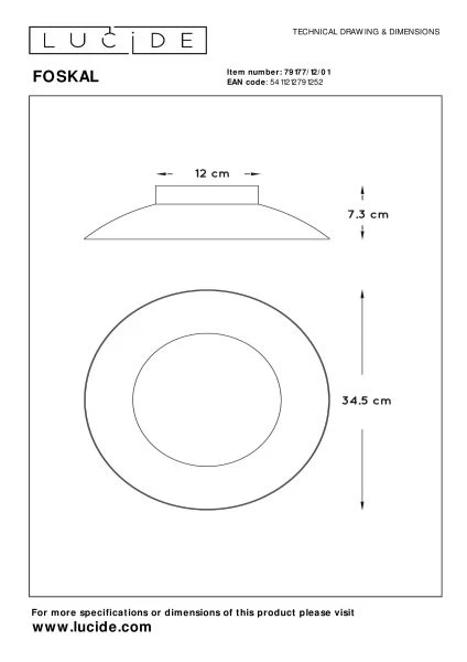 Lucide FOSKAL - Plafonnière - Ø 34,5 cm - LED - 1x12W 2700K - Messing - technisch